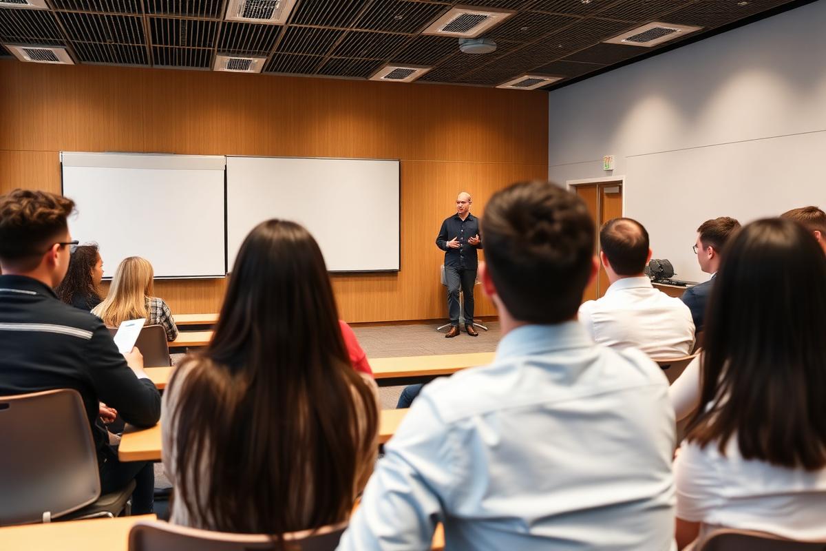 Speaker addressing students at a leadership seminar