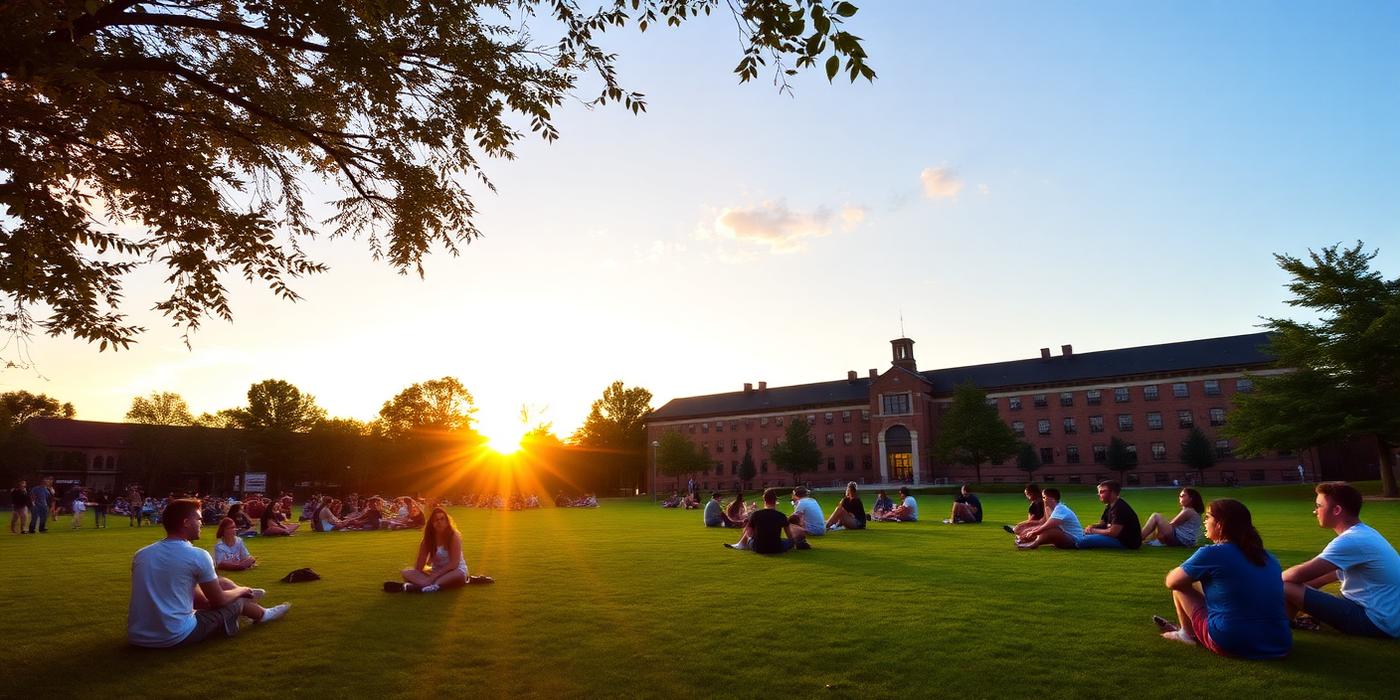 Students gathered on the campus lawn at sunset