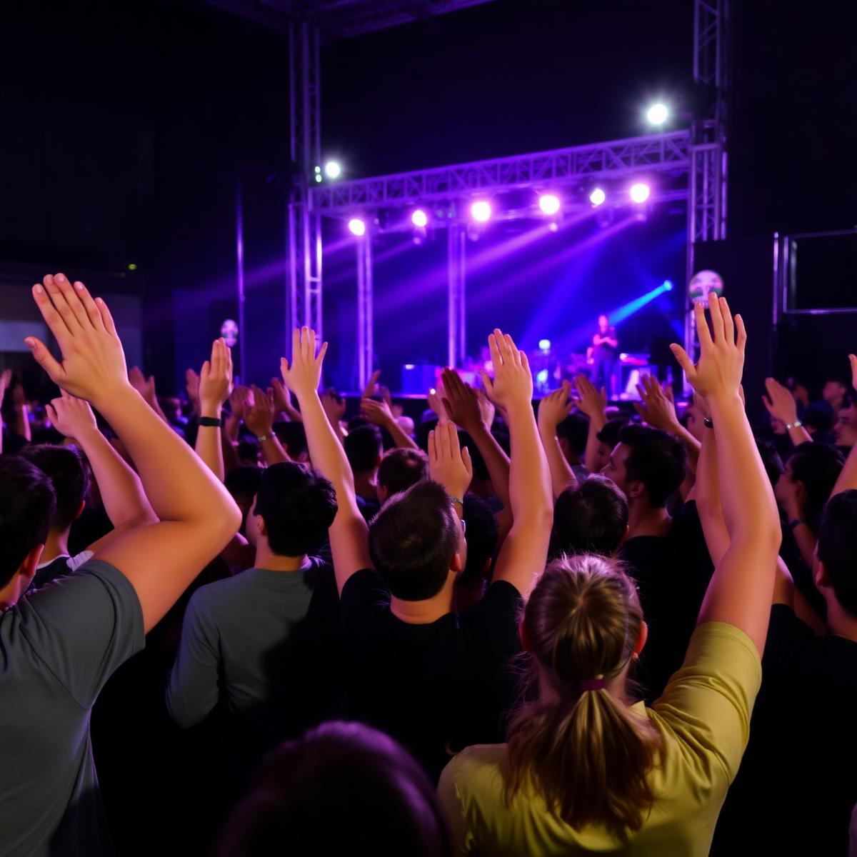 Students worshipping with raised hands during an evening praise night
